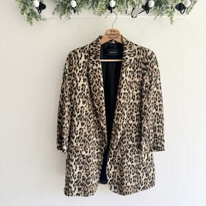Zara Leopard Print long line Satin Blazer Built in Shoulder Pads Small 104055